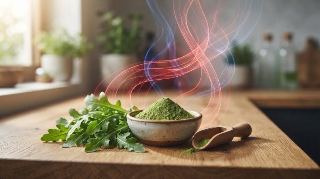 Fresh arugula leaves and arugula powder with abstract nitric oxide blood flow background