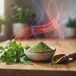 Fresh arugula leaves and arugula powder with abstract nitric oxide blood flow background