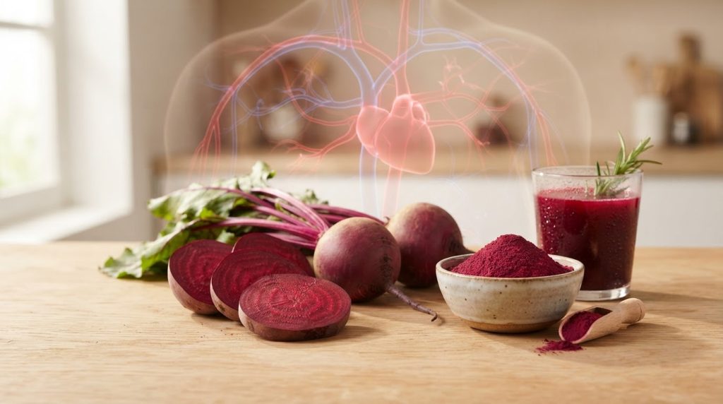 Fresh beets and beetroot powder with abstract blood flow and oxygen delivery background
