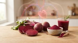 Fresh beets and beetroot powder with abstract blood flow and oxygen delivery background