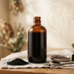 Black seed oil bottle with Nigella sativa seeds and abstract kidney health background