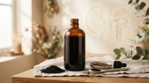 Black seed oil bottle with Nigella sativa seeds and abstract kidney health background